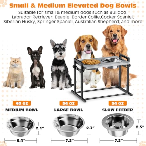 Elevated Dog Bowls for Dogs, 6 Heights Adjustable Raised Dog Bowl with Slow Feeder - 3 Stainless Steel Bowl, Tiltable Non-Slip Feeding Bowls with Metal Stand - color: Medium & Small Dogs