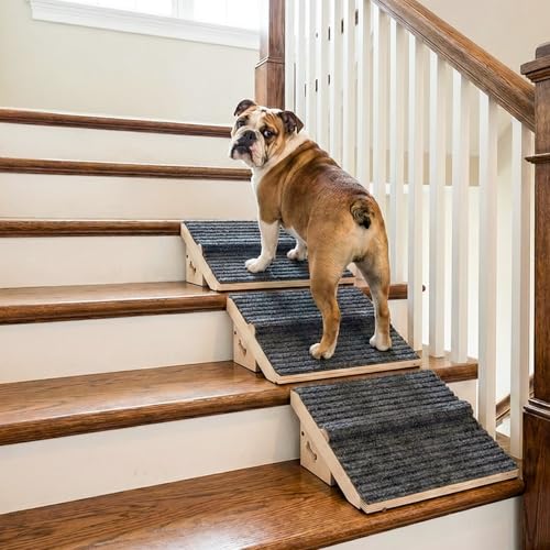 3 Pack Wooden Dog Ramp for Stairs,13L*9W*5H''+26°Slope,Fit for Stair 9-11D''5-7''H,Friendly to Short-Legged/Small/Injured/Aged Dogs with High Support,with Anti-Slip Pads for Climbing Safely