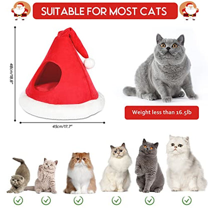 NIBESSER Cat Bed Christmas Hat Cat Tent House Self-Warming 2 in 1 Removable Comfortable Triangle Pet Teepee Xmas Dog Cave in Winter (Red)
