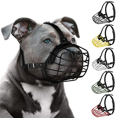 Pitbull Dog Muzzle Metal Mask Amstaff Secure Wire Basket Adjustable Durable Leather Straps for Large Dogs (Black) - color: Black