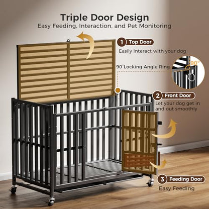 Heavy Duty Dog Crate, Escape-Proof Indestructible Cage for High-Anxiety Dogs, 3-Door Kennel with 4 Lockable Wheels and 2 Removable Trays Ideal for Large & Medium Breeds (43 Inch) - size: 43.0"L x 27.0"W x 37.0"H
