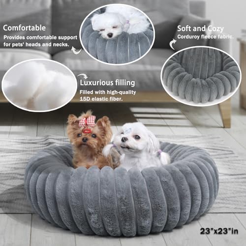 Dog Beds Small Sized Dog Washable Calming Anti-Anxiety Donut Puppy Bed for Small Dogs and Cats,Cozy Soft Anti-Slip Round Large Cat Bed 23 Inch Fits up to 20 lbs Pets,Warm Grey - color: Warm Grey, size: 23"L x 23"W x 5.5"Th