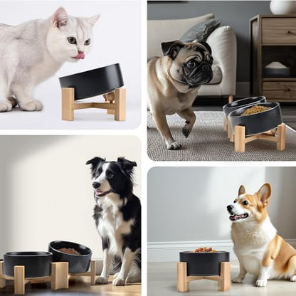 SPUNKYJUNKY 15° Slanted Ceramic Dog and Cat Bowl with Wooden Stand, Tilted Bulldog Food and Water Bowl No Slip Non-Spill for Cats Medium Dogs Big Face Pets 28.7 OZ (3.6 Cups, Black × 2) - color: Black, size: 3.6 CUPS × 2