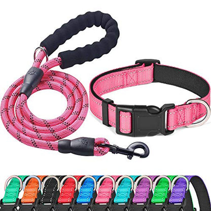 Ladoogo Reflective Dog Collar Padded with Soft Neoprene Breathable Adjustable Nylon Dog Collars for Small Medium Large Dogs (Small (Pack of 1), Pink Collar+Leash) - color: Pink Collar+Leash, size: Small (Pack of 1)