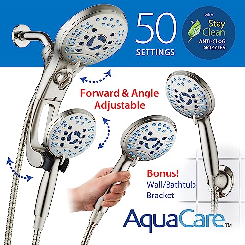 Hotel Spa AquaCare As-Seen-On-TV High Pressure Handheld/Rain 50-mode 3-way Shower Head Combo with Adjustable Arm - Anti-clog Nozzles, Tub & Pet Power Wash, 6 ft. Stainless Steel Hose, Nickel Finish - color: Satin Nickel, style: 2.5 Gallons Per Minute