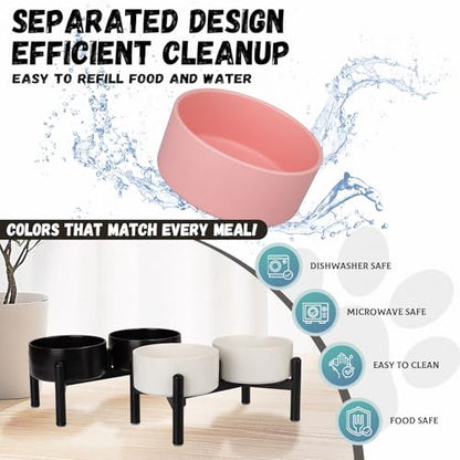 Raised Ceramic Dog Bowl Set - Elevated Double Dishes with Stainless Steel Stand - Food and Water Bowls for Small to Medium Dogs - Each Holds 3.5 Cups (29.57 fl oz) - White - color: White, size: 2 Bowls - 3.5 Cups Each