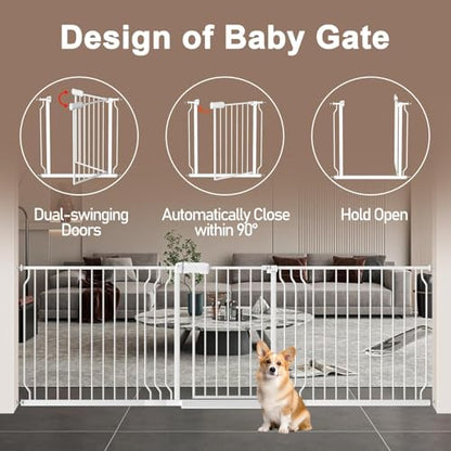 WAOWAO Baby Gate 110-134cm(43.3-53인치) 엑스트라 와이드 압력 장착 워크 스루 스윙 자동 닫힘 안전 화이트 메탈 유아 어린이 개 애완동물 강아지 계단, 출입구, 주방용 - color: 화이트., size: 43.3-52.75"/110-134cm