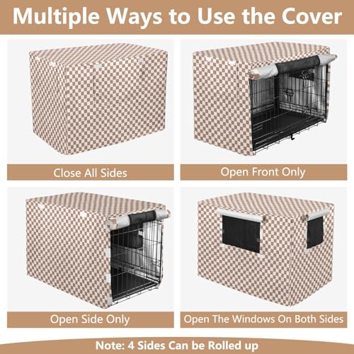 Taupe Plaid Checkered Dog Crate Cover Kennel Cover with Roller Shades 36 Inch - size: M--36 x 23x 25 inches