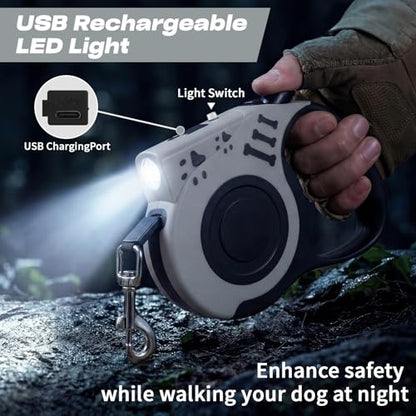 Retractable Dog Leash with USB Rechargeable Flashlight for Night Walks, 16FT Automatic Telescopic Tractor Dog Leash for Small and Medium Dogs, Grey - color: Grey