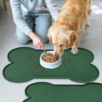 PWTAA Dog Food Mat Anti-Slip Silicone Dog Bowl Mat Thicker Pet Placemat Waterproof Cat Feeder Pad with Raised Edge Puppy Kitten Feeding Mats Suitable Small Medium-Sized Dogs Cats Eating Tray - 2PCS - color: Hunter Green, size: 19.4" x 9.8"-2PCS
