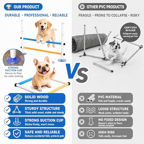 Wooden dog obstacle course indoor,Dog Agility Equipment with Suction Cups, Adjustable Puppy Play Gym Agility Hurdles,3-in-1 Dog Training Toys for Small Dogs, Portable Indoor Starter Kit with Guide
