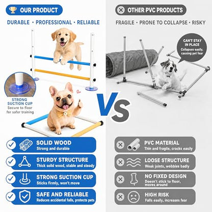 Wooden dog obstacle course indoor,Dog Agility Equipment with Suction Cups, Adjustable Puppy Play Gym Agility Hurdles,3-in-1 Dog Training Toys for Small Dogs, Portable Indoor Starter Kit with Guide