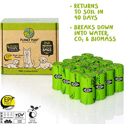 PLANET POOP Home Compostable Dog Poop Bags on Refill Rolls, 240 Un-Scented Pet Waste Bags, Thick Leakproof Plant-Based Doggy Bag, Cat & Dogs Supplies - size: 240 Count (Pack of 1)