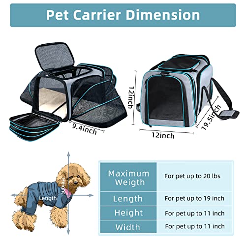 Cat/Dog Airline Approved Expandable Pet Carrier for Small Pets - Removable Pad, Pockets, TSA Compliant - size: 43.0"L x 32.0"W x 12.0"H