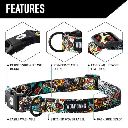 Wolfgang Heavy Duty, Adjustable Dog Collar with Quick Release Nylon Buckle for Walking & Training, LosMuertos Print, Small - color: LosMuertos Print, size: Small (5/8 Inch x 8-12 Inch)