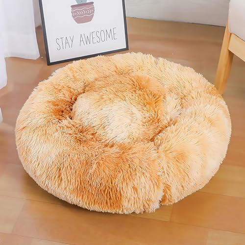 Calming Dog Bed for Small Dogs, Calming Donut Cuddler Pet Bed Anti Anxiety Round Dog Bed Fluffy Plush Faux Fur Cat Bed,Gradient Yellow,19.7IN - color: Gradient Yellow, size: 19.7IN