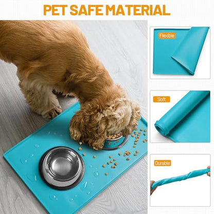 Hubulk Dog Feeding Mat,100% Waterproof BPA Free Silicone Pet Food and Water Bowl Placemat,Dishwasher, High Raised Edge to Prevent Spills,Nonslip Tray to Stop Messes on Floor (24"x16"x0.5", Teal) - color: Green(Teal), size: 24"l X 16"w