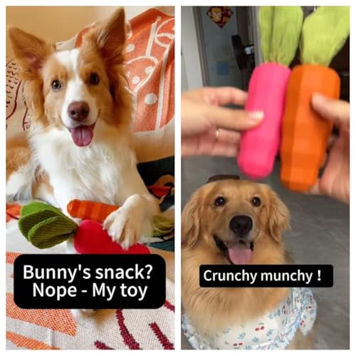 MewaJump Easter Toys Dog Squeaky Chew Toys for Aggressive Chewers, Rubber Carrot Dog Toys for Training and Cleaning, Durable Interactive Tough Dog Toy for Puppy Medium Dogs - color: carrot pink
