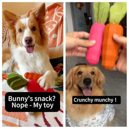 MewaJump Easter Toys Dog Squeaky Chew Toys for Aggressive Chewers, Rubber Carrot Dog Toys for Training and Cleaning, Durable Interactive Tough Dog Toy for Puppy Medium Dogs - color: carrot pink