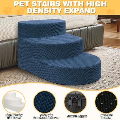 Dog Stairs 3 Steps Foam Pet Ramp for Small Dogs Cats, Navy Blue | Non-slip foam stairs with washable cover, ideal for beds & sofas. Sturdy, safe & easy to clean. - color: Navy blue-3-Step