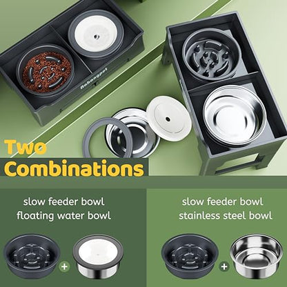 2-in-1 Elevated Dog Bowls, Mess-Proof Slow Feeder with No-Spill Water Bowl, 4 Height Adjustable, 2 Combination Options, Raised Bowl for Small, Medium & Large Dogs (Grey)