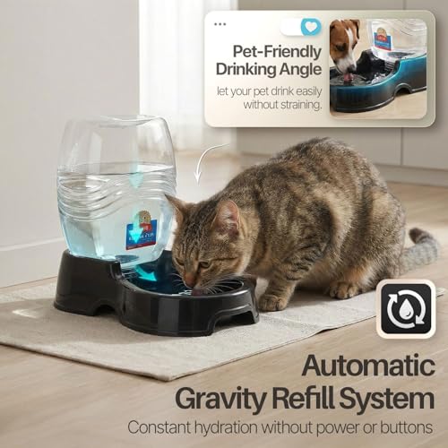 Flexzion Automatic Gravity Pet Waterer for Cat & Dog - Non-Skid & Easy-Clean Auto Replenish Water Dispenser Drinking Bowl (3/8 Gallon / 1.5L), Black - color: Black, size: 1.5 L