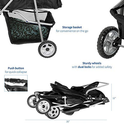 VIVO Black 3 Wheel Pet Stroller for Cat, Dog and More, Foldable Carrier Strolling Cart, STROLR-V003K