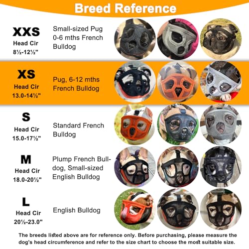 BARKLESS Short Snout Dog Muzzle, Breathable Mesh Flat Faced Muzzle for French Bulldog Shih Tzu and Pug, Mask Bulldog Mouth Cover for Biting Chewing Licking (Orang, XS) - size: XS (Head 13.0-14.5'')