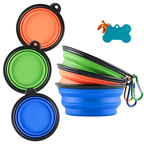 3 Collapsible Silicone Dog Bowl, Foldable Expandable Cup Dish for Small Pet Cat Food Water Feeding Portable Travel Bowl, Pet ID-Tag - color: Orange & Green & Blue