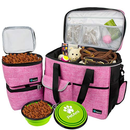 PetAmi Dog Travel Bag Organizer, Pet Travel Kit with 2 Food Containers & 2 Collapsible Dog Bowls, Pet Supplies Tote with Luggage Sleeve, Weekend Road Trip Camping Essentials, Pink, Large - color: Pink, size: Large - 15.5"L x 9.5"W x 14.0"H