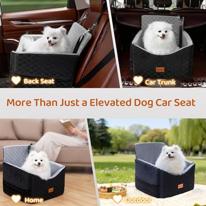 Dog Car Seats for Small Medium Dogs Up to 35lbs | Elevated Dog Booster Seat with Detachable Washable Cover & Cushion | Memory Foam Pet Car Travel Seat with Safety Belt and Storage Pockets (Black Grey) - color: Grey