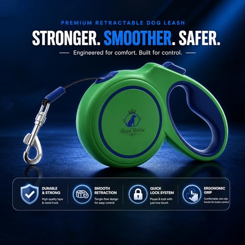 Retractable Dog Leash 16 FT (5M) – Heavy Duty Tangle-Free Dog Leash with One-Touch Brake & Lock, Reflective Nylon Tape, Ergonomic Non-Slip Handle for Small, Medium & Large Dogs up to 50 KG