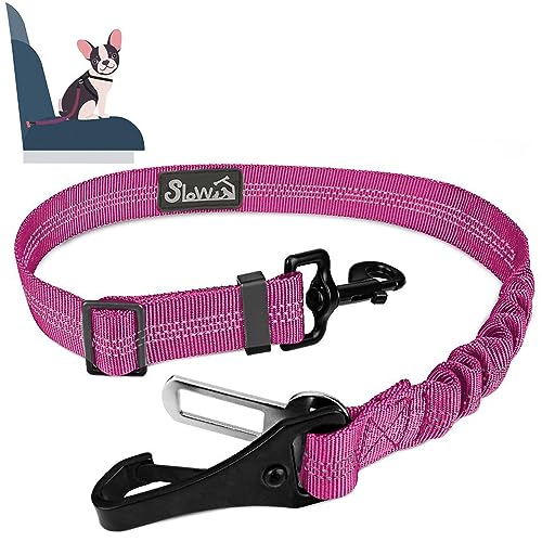 SlowTon Dog Seat Belt, Adjustable Dog Safety Belt Leash, 2 in 1 Latch Bar Attachment Dog Car Seatbelt with Elastic Nylon Bungee Buffer, Reflective Nylon Belt Tether (FU) - color: Fluorescence Pink