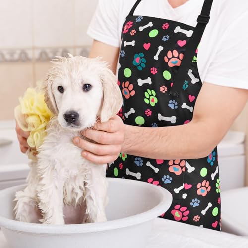 Dog Grooming Waterproof Apron with 2 Pockets, Cute Animals Puppy Dog Pets Apron - style: Heart-shaped Dog Paws and Ball