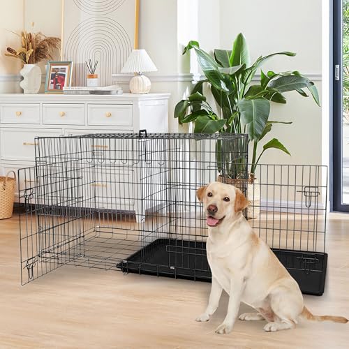 Dog Crate, 24/30/36/42/48 Inch Dog Crates for Small Medium Large Dogs Indoor, Folding Metal Dog Kennel Dog Cage with Double-Door, Divider Panel, Removable Tray, Locks and Handle, (42 Inch, Black) - color: BLACK, size: 42.0"L x 27.0"W x 29.0"H