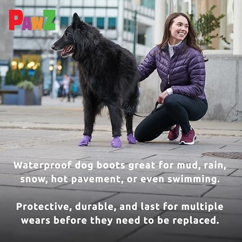 PawZ Rubber Dog Boots for Large Paws - All-Weather Waterproof Dog Shoes, Anti-Slip Traction for Rain, Snow, Mud & Hot Pavement - Pull-On Dog Booties, Black - Large (3"- 4") - Pack of 24 - size: L