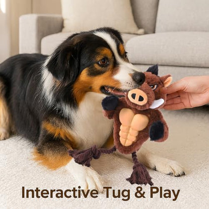 Boar Rope & Plush Dog Toy with Squeaker, Interactive Tug Toy for Medium to Large Dogs, Multi-Texture Toy for Tug, Toss & Supervised Play - color: Brown
