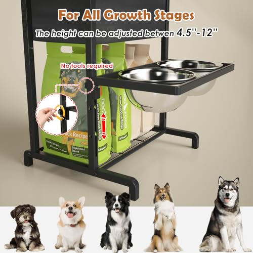 Elevated Dog Bowls: Height Adjustable Raised Dog Stand (4.5'' to 12'') 2 * 1700ml Stainless Steel Bowls + Slow Feeder, Feeding Station w/Storage Organizer & Toy Basket for Medium/Large Breeds - size: Storage Station & Adjustalbe Stand 4.5-12"