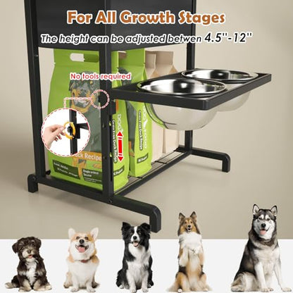 Elevated Dog Bowls: Height Adjustable Raised Dog Stand (4.5'' to 12'') 2 * 1700ml Stainless Steel Bowls + Slow Feeder, Feeding Station w/Storage Organizer & Toy Basket for Medium/Large Breeds - size: Storage Station & Adjustalbe Stand 4.5-12"