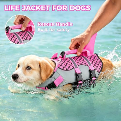 Dog Life Jacket,Shark Pattern High Buoyancy Adjustable Swim Vest with Rescue Handle,D-Ring&Reflective Strips for Boating Swimming Beach (Fish Scales/Rose red, X-Small)