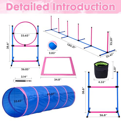 Dog Agility Course Backyard Set, Dog Agility Equipment, Pet obstacle Course Backyard with 6 Dual Mode Weave Poles, 2 Adjustable Hurdle, Jump Ring, Tunnel, Pause Box, Toy Balls and 2 Carrying Bags,Pink - size: Pink-15 PCS SET