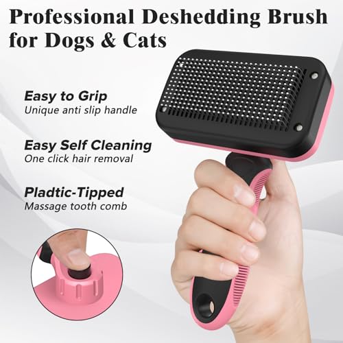 2PCS Self Cleaning Slicker Brush & Dog Comb - Skin Friendly Deshedding Grooming Tool for Dogs, Cats and Small Animals, Professional Deshedding Dematting Tool for Long and Short Haired Pets (Pink) - color: Pink