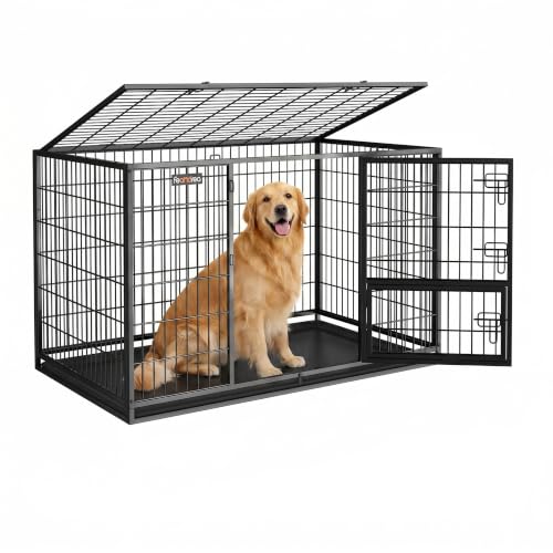 Feandrea 48 Inch Heavy Duty Dog Crate, Metal Escape Proof Dog Kennel with Double Doors and Convenient Feeding Door, Removable Tray, Easy to Clean, XXL Dog Crate for Large and Medium Dogs, Black - size: 48.0"L x 29.3"W x 31.7"H