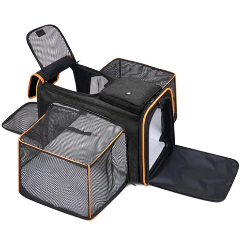Pet Carrier, Large Soft Sided Expandable Travel Carrier with Steel Frame, Anti-Scratch Mesh, Removable Fleece Pad and Pockets for Cats, Dogs and Small Animals up to 15 lbs (Black, 4 Sides Expandable) - color: Black