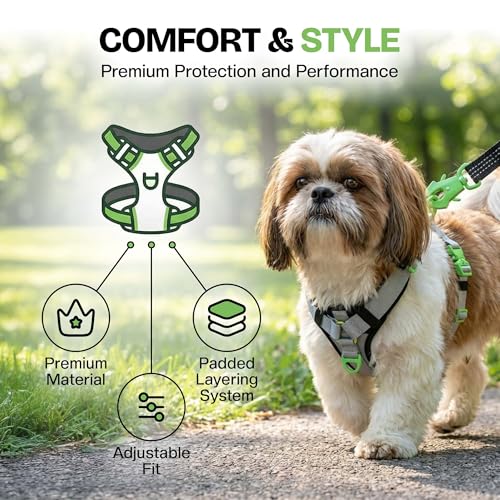 Ultimate Urban Dog Harness - Heavy Duty Design, No Choke, No Pull. Adjustable, Comfy Padding, Easy On/Off, Metal Hardware, Emergency Handle and 3 Connect Points (Green, M) - color: Green, size: M