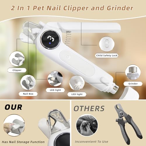 2-in-1 Cat Nail Clippers & Dog Nail Clippers with Light, Rechargeable Pet Nail Trimmer for Dogs & Cats, Quiet Electric Nail File with Safety Guard, Nail Catcher & 3 Speeds for Small Medium Large Pets - color: white