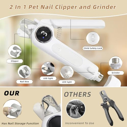 2-in-1 Cat Nail Clippers & Dog Nail Clippers with Light, Rechargeable Pet Nail Trimmer for Dogs & Cats, Quiet Electric Nail File with Safety Guard, Nail Catcher & 3 Speeds for Small Medium Large Pets - color: white
