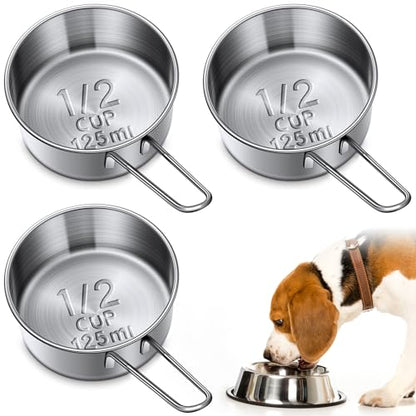 Qinyoung 3 Pack 1/2 Measuring Cups 1/2 Dog Cat Food Stainless Steel Scoop Cup with Handle Portion Control for Wet and Dry Ingredients for Dog Cat Bird