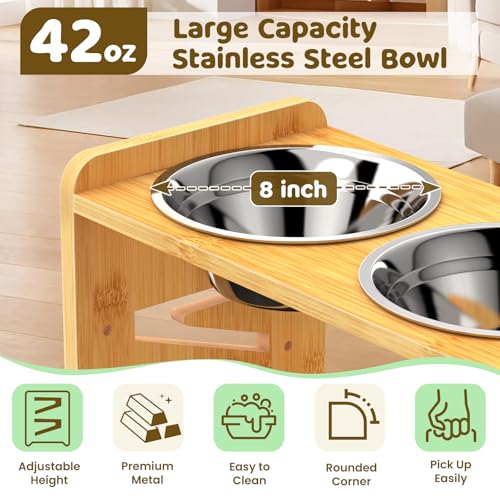 Elevated Dog Bowls, Adjustable Raised Dog Bowl Stand for Medium and Small Dog, 11" High Bamboo Pet Food Feeder with 2 Stainless Steel Dishes（4 Heights） - size: Medium/Small sized dogs