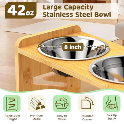 Elevated Dog Bowls, Adjustable Raised Dog Bowl Stand for Medium and Small Dog, 11" High Bamboo Pet Food Feeder with 2 Stainless Steel Dishes（4 Heights） - size: Medium/Small sized dogs